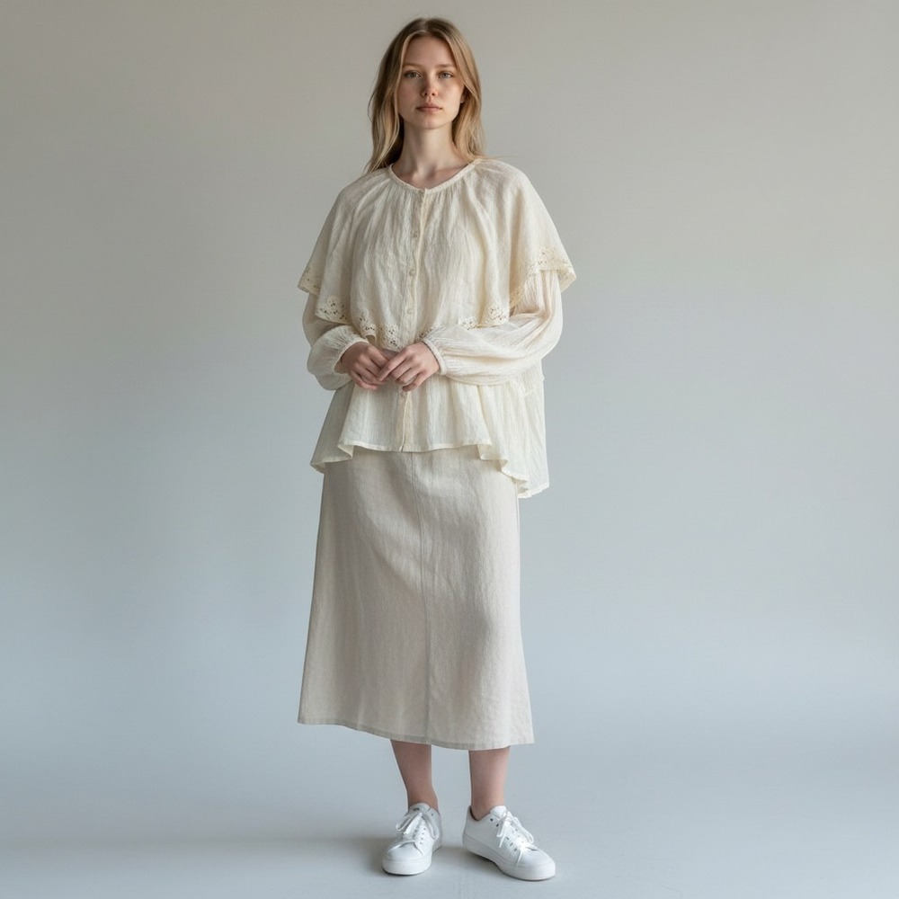 Free People FP One White Cotton Gauze Lace Capelet Bell Sleeve Blouse Large